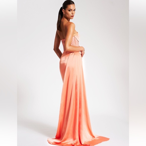 Coral Crystal Corset High Slit Draped Gown - NWT - Picture 4 of 12